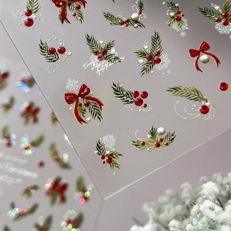 Christmas Nail Stickers Laser Snowflake Relief 3D Christmas Tree Leaves Cartoon Wearing Nail Patches Manicure Decorstion Charm