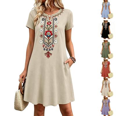 Women Casual Loose Fit Embroidered Dress Short Sleeve V Neck Plain Tunic Dress with Pockets Lightweight Comfortable