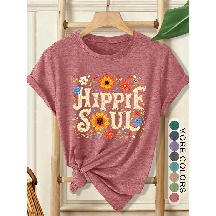 Women's Elegant Style Plus Size Loose Short Sleeve Hippie Soul Hippie Floral Print Pattern Round Neck Women's Comfortable Soft Breathable New Spring