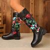 Printed High Boots Fashion Round Toe Spliced Metal Buckle Sleeve Soft Sole Non-slip Wear-resistant Block Heel Shoes