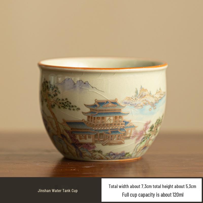 Ru Kiln Crackle Glaze Gilded Gongfu Gaiwan & Teacup Set with Landscape Design - Gift Collection