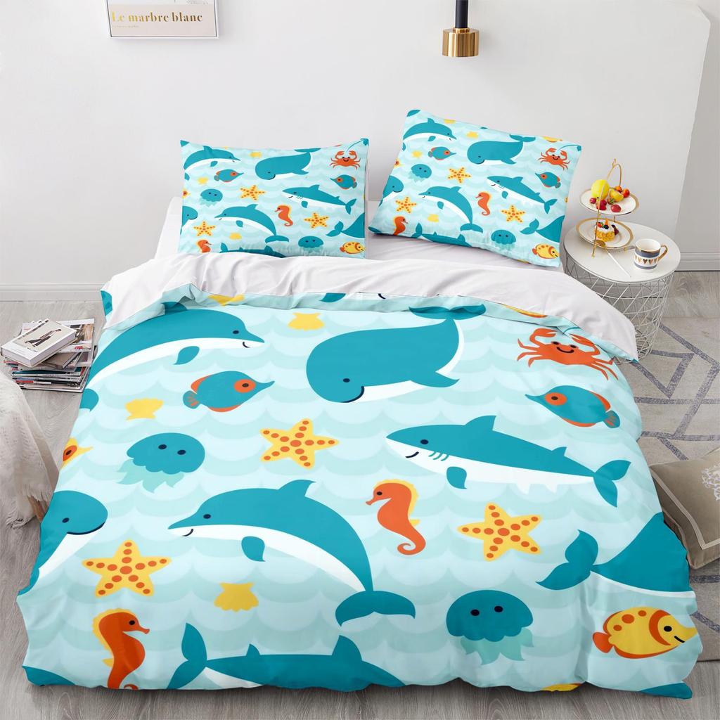 Underwater World King Queen Duvet Cover Cartoon Ocean Animal Bedding Set For Kids Fish Coral Sea Life Soft Polyester Quilt Cover