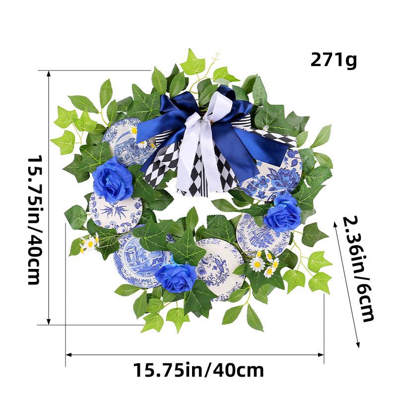 

Сине-белый фарфоровый венок из сухих веток, имитация венка из голубых роз, уличное украшение для двора, подвеска на дверь H3-14 blue and white porcelain dead branch wreath