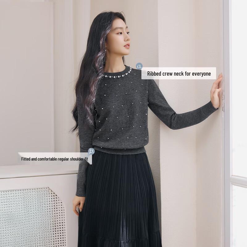 Xiangying Women's Beaded Round Neck Knit Sweater