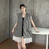 High Sense Grey Sleeveless Blazer Vest for Women Summer Lace Patchwork V Neck Tank Top Layered Outerwear Waistcoat