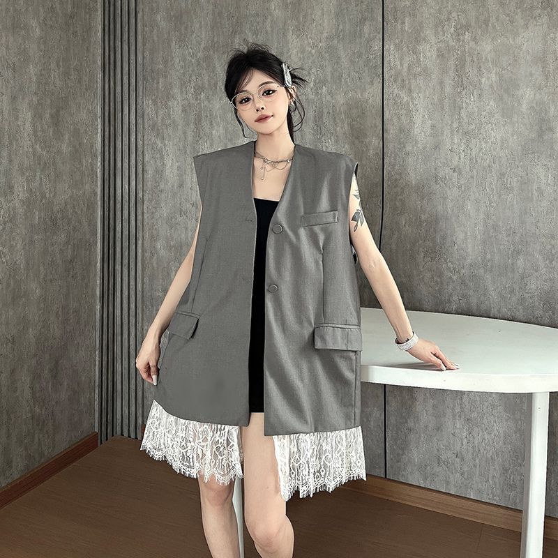 High Sense Grey Sleeveless Blazer Vest for Women Summer Lace Patchwork V Neck Tank Top Layered Outerwear Waistcoat