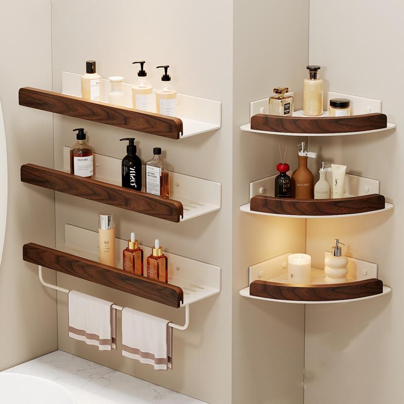 Walnut Corner Bathroom Shelf - Punch-Free Triangle Restroom Storage