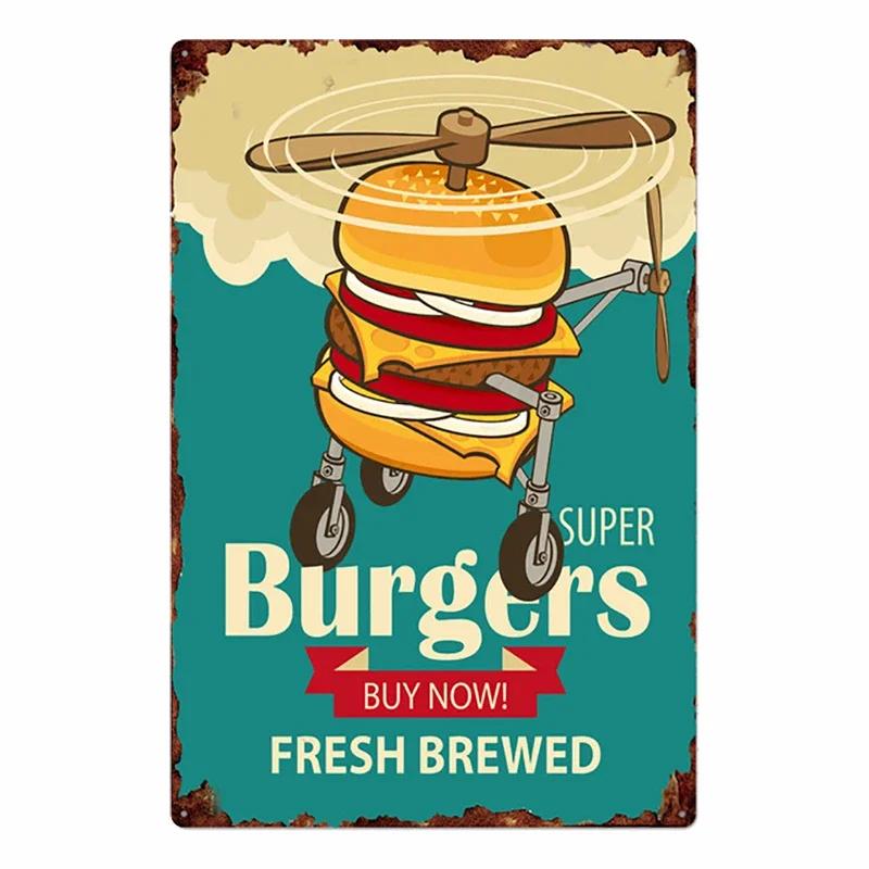 Hamburger Metallschild Plakette Vintage Burger und Pommes Metall Küche Restaurant Laden Wanddeko 8x12 Zoll