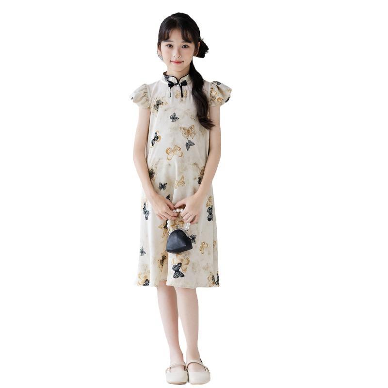 

Летний чонсам для девочек: Современное платье на пуговицах для учеников начальной школы, костюм Тан, вдохновленный западным стилем 160 абрикосовый