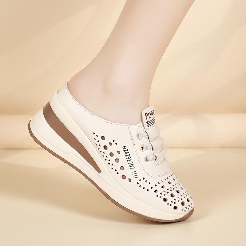 Ladies Clogs Platform Sandals Loafers Casual Hollow Leather Slippers Women Thick Sole Shake Shoe