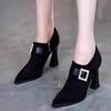 Fashion Spring New Coarse Heel Shoes Women's Pointed Suede Crystal Buckle Side Zipper Anti-slip Wear-resistant High Heels