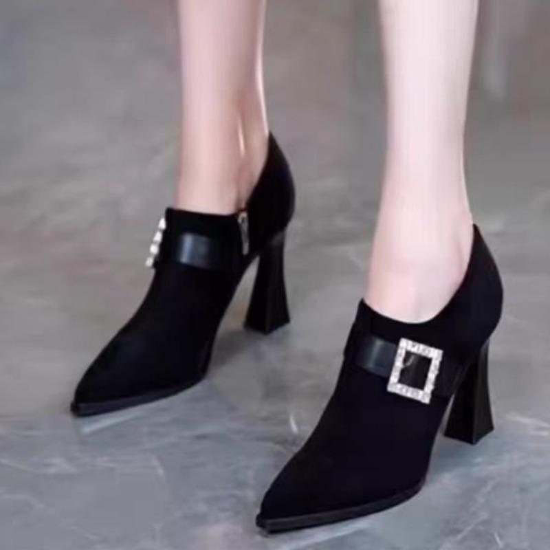 Fashion Spring New Coarse Heel Shoes Women's Pointed Suede Crystal Buckle Side Zipper Anti-slip Wear-resistant High Heels