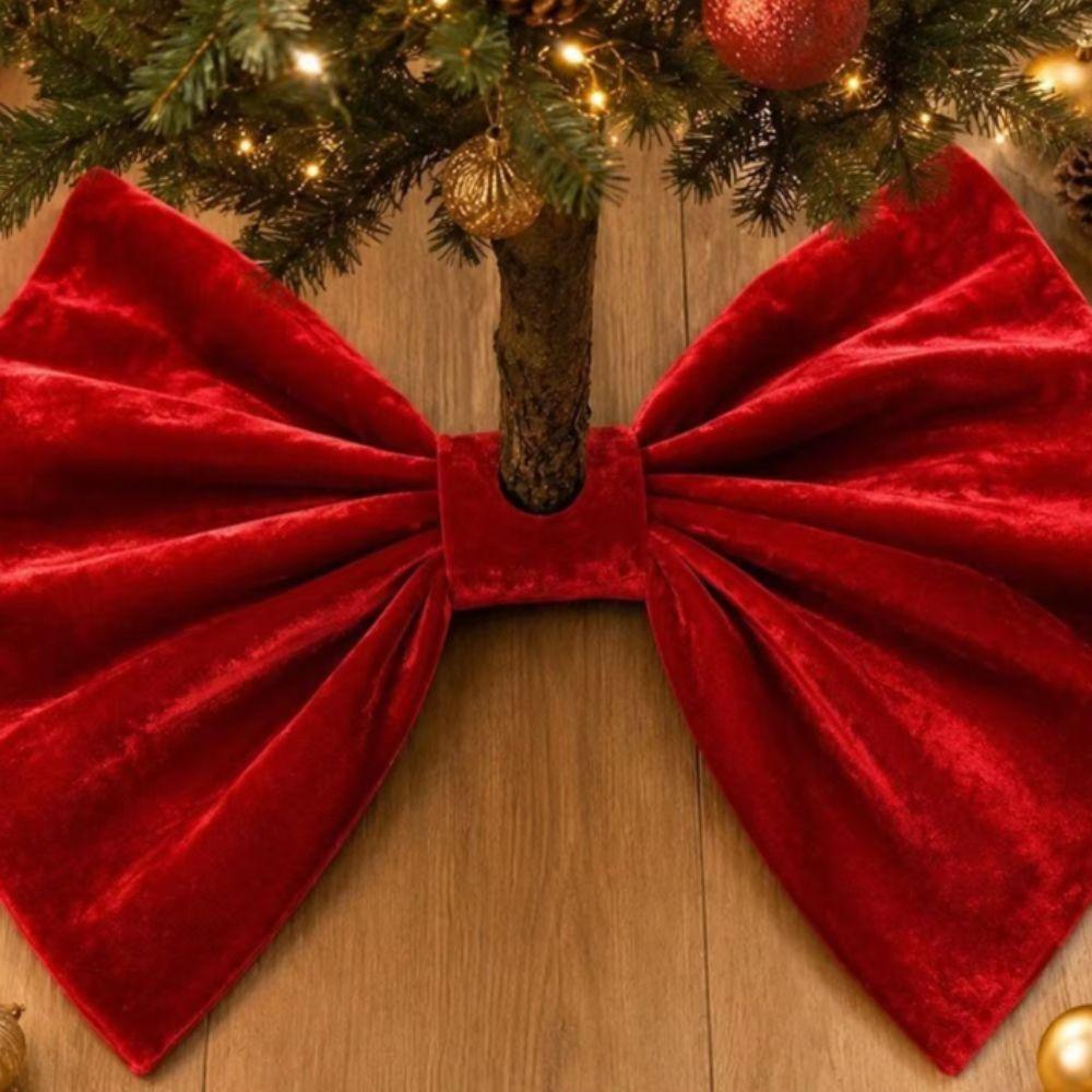 Red Bow Design Tree Base Cover Velvet Xmas Tree Skirt Large Ornament Tree Base Mat Shopping Mall