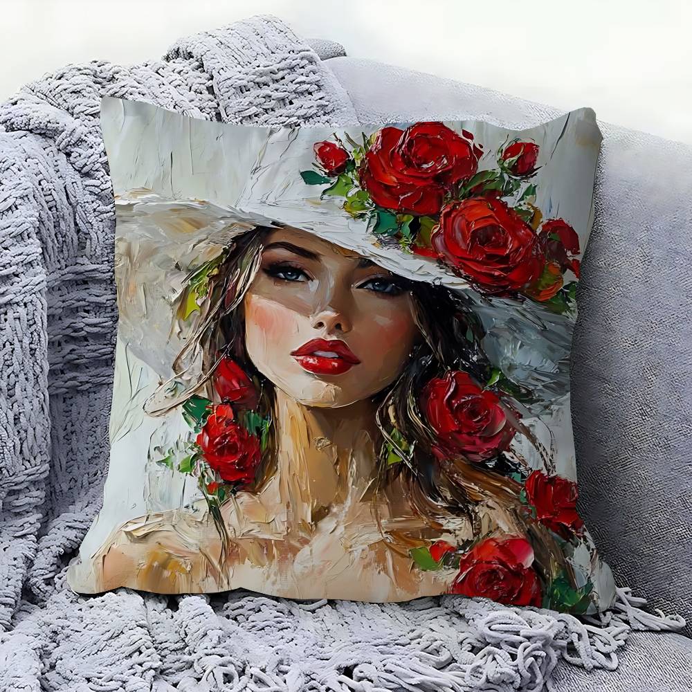 Woman And Flowers Art Oil Painting Personalized Picture Text Home Decorative Pillows Household Gifts 45x45cm