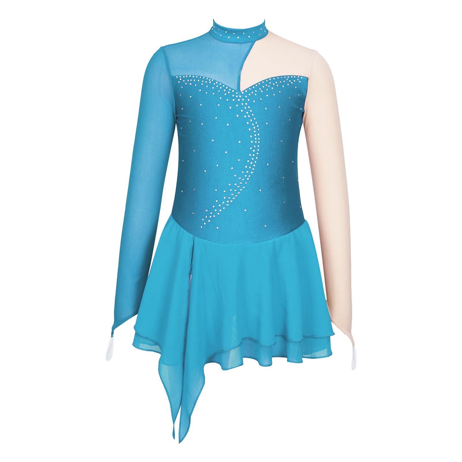 

Girls Dance Dress Long Sleeve Round Neck Patchwork Design Hollow Back Rhinestone Detail Skating Costume