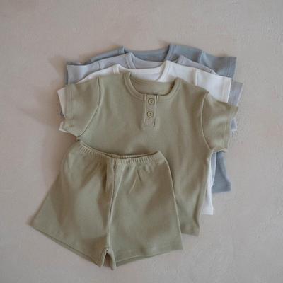 Korean-Style Cotton Ribbed Kids' Pajama Set - Short-Sleeve Homewear for Boys & Girls