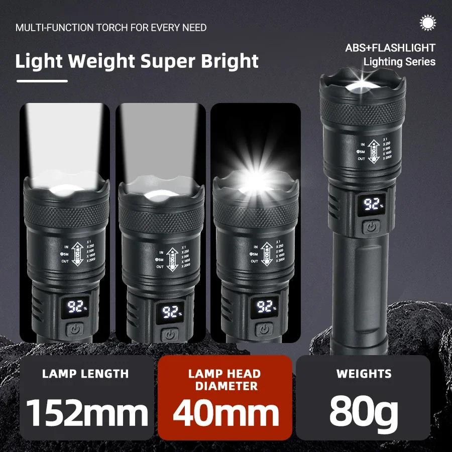 High Strong Power Led Flashlights 2000LM Tactical Torch with Display Light USB Charging Camping Fishing Emergency Zoom Lantern