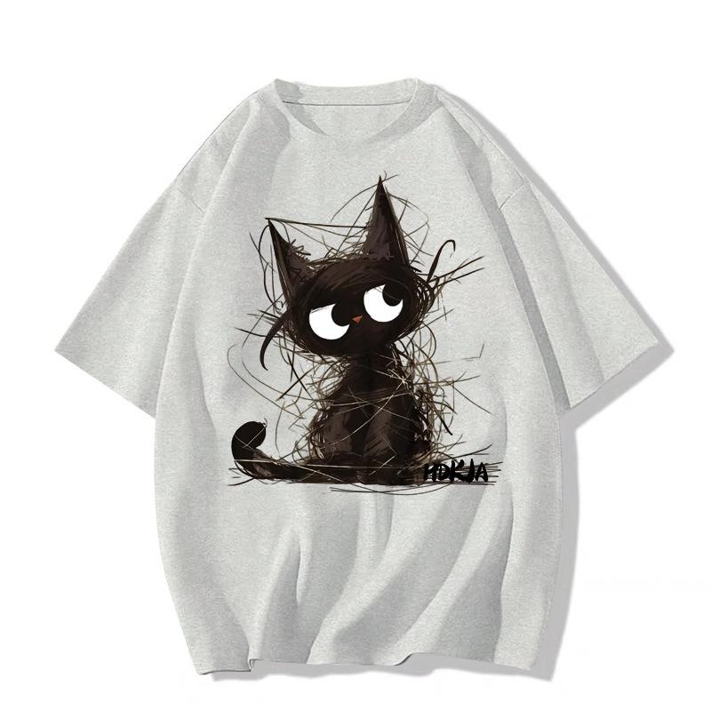 Unisex American Retro Black Cat Print Oversized T-Shirt - Summer Pure Cotton Short Sleeve Top