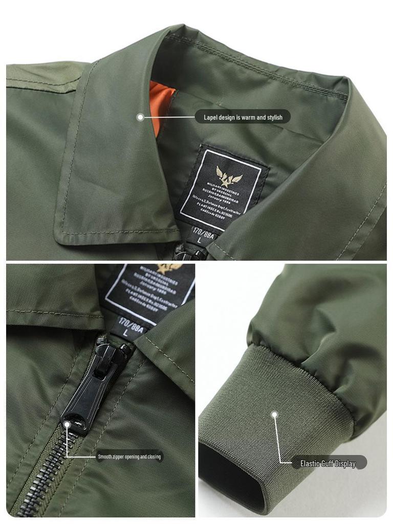 European & American Style Custom Printed Waterproof Flight Jacket with Stand Collar, Cotton Insulation, and Embroidered Logo.