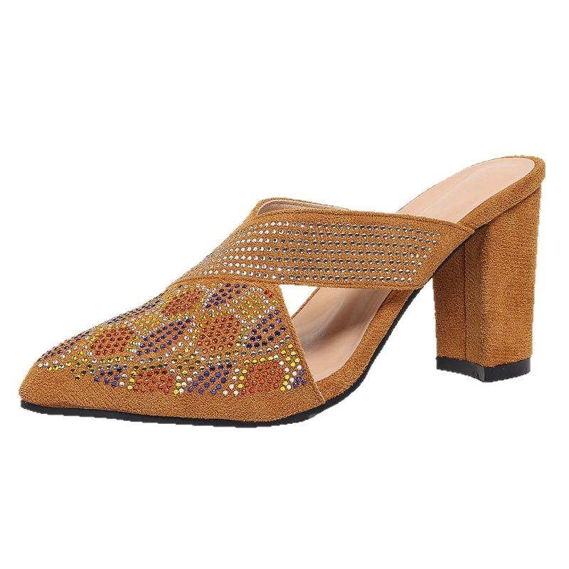 Women's Wide Width Rhinestone Mules, Pointed Toe Chunky Heel Slides, European Summer Slippers for Women