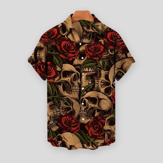 Revers Kurzarm Einreiher Männer Hemd Sommer Blume Schädel Drucken Hawaiian Shirt Beachwear