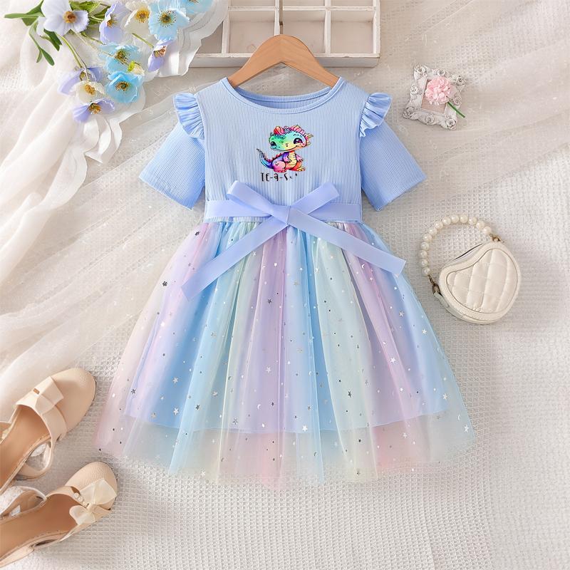Girls Star Tulle DressRainbow Dinosaur PrintCute Princess Party Dress with Bow, Short Sleeve Summer Dress for Little Girls