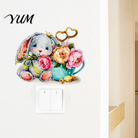 Watercolor Rabbit Wall Decals & Flowers Light Switch Sticker, Cute Bunny Peel And Stick Decal, Creative Home Interior Decor PVC Waterproof Art Decors