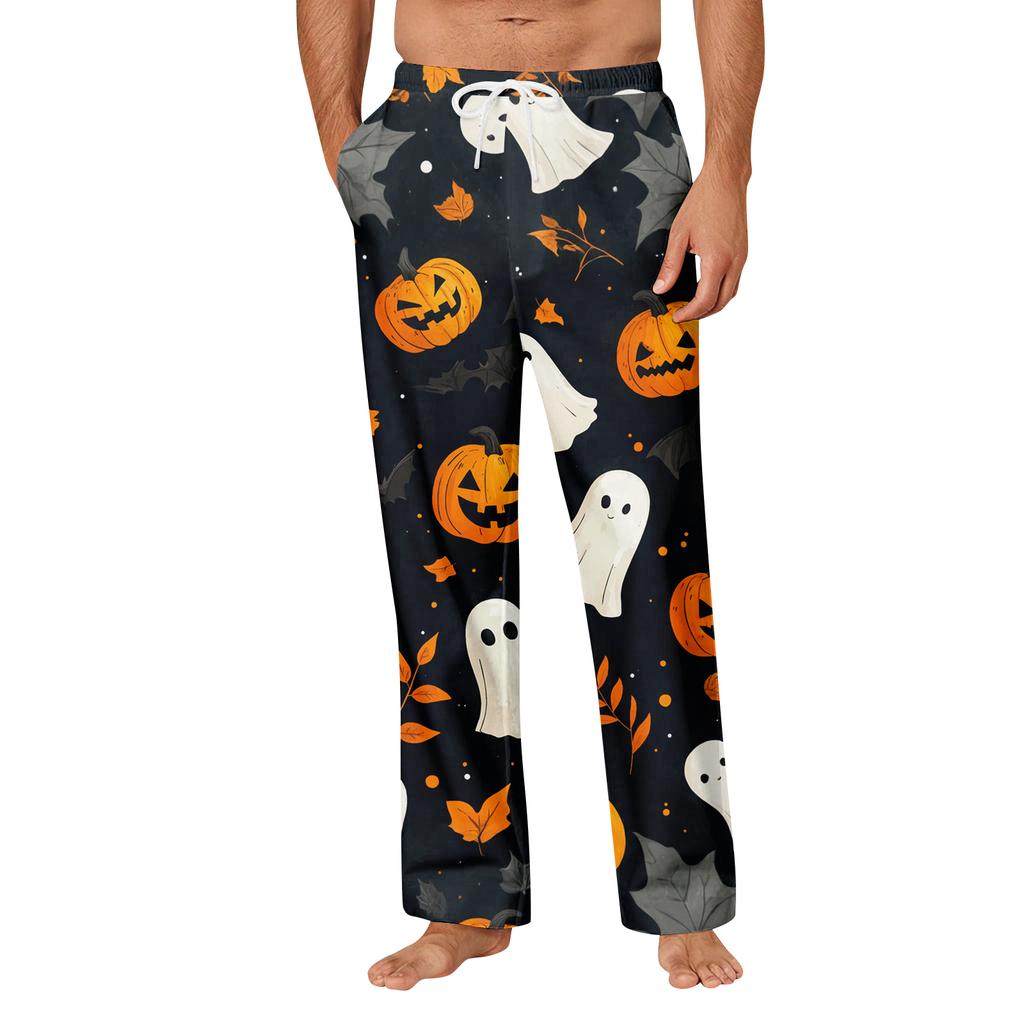 Men's Halloween Print Pocket Straight Casual Pants Home Pajama Pants