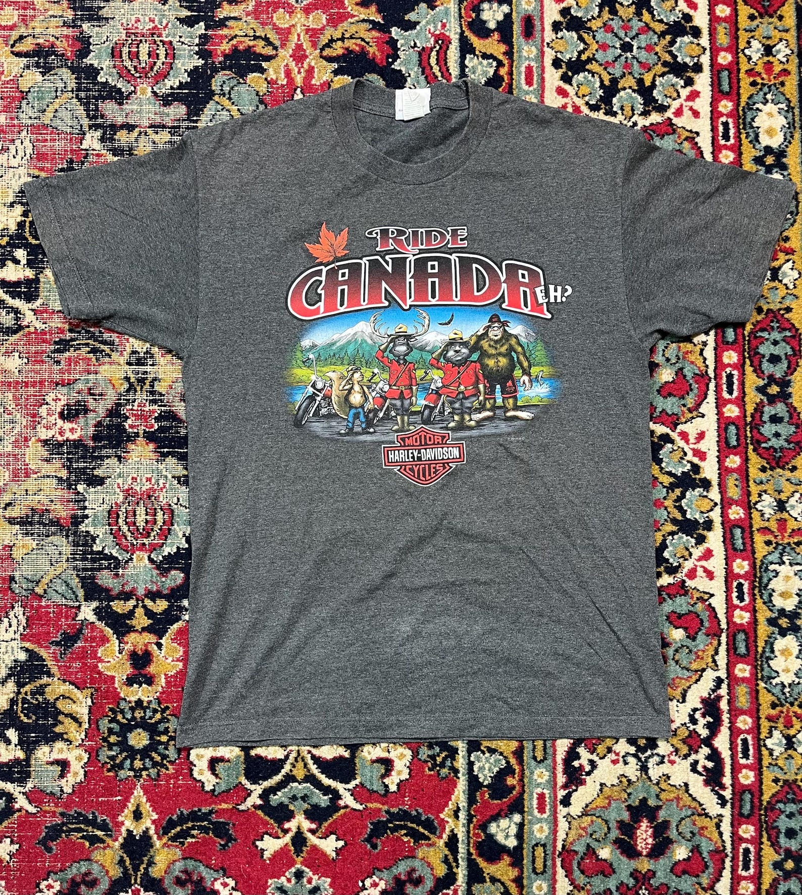 Vintage Harley Davidson Ride Canada Eh T-Shirt Grey Biker Size L S