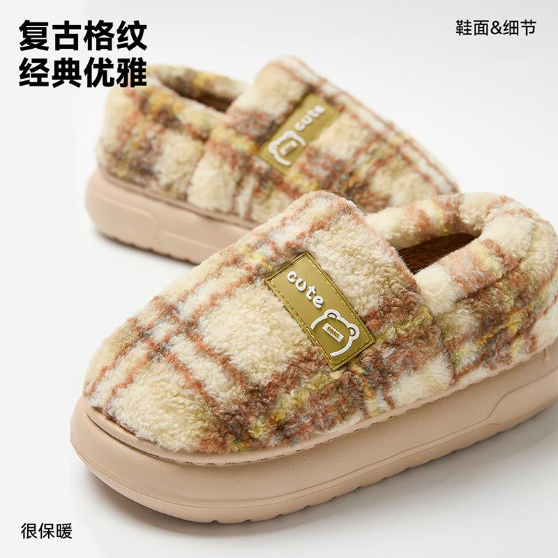 Retro Plaid Cotton Shoes Women's Autumn and Winter Home Plush Warm Outer Wear Non-slip Korean Version Bag Heel Cotton Slippers Men