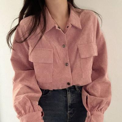 Vintage Corduroy Cropped Jacket Women Korean Fashion Long Sleeve Drawstring Blouses Female Casual Loose Coats