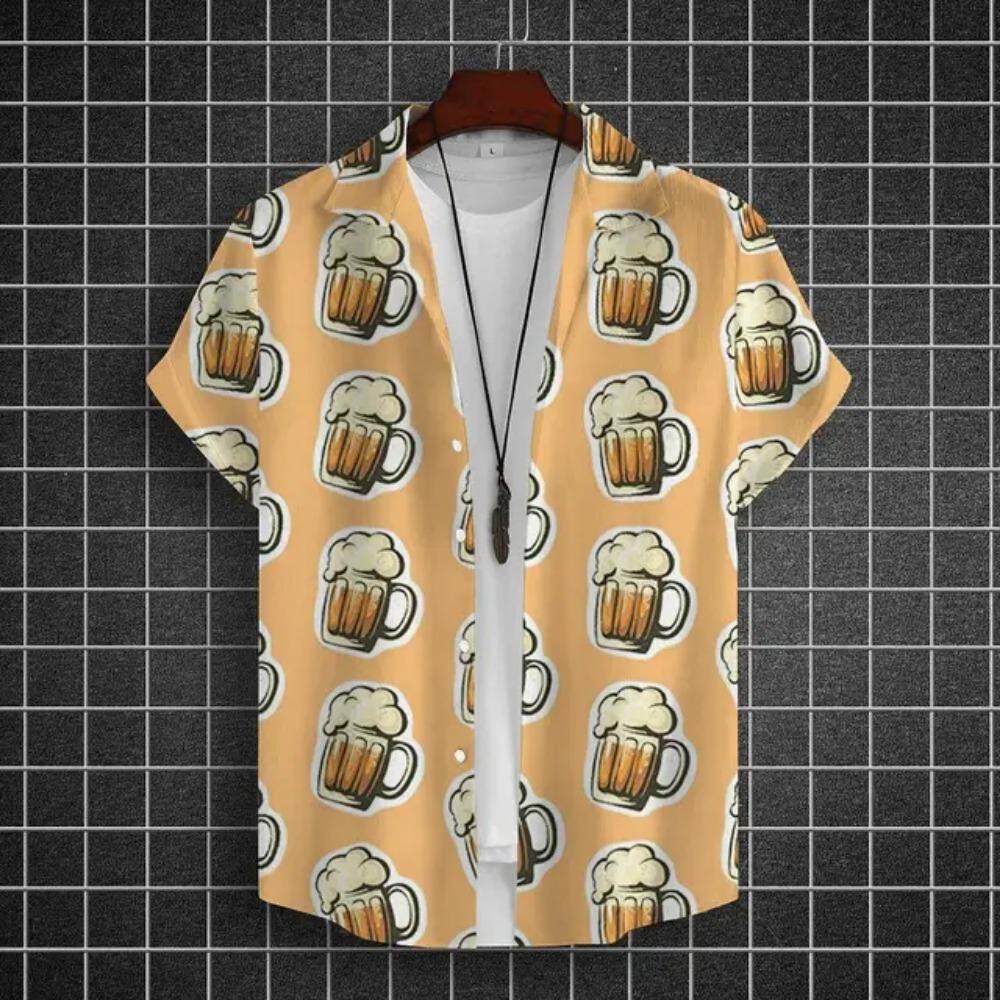 Hawajska Koszula Męska 3D z Nadrukiem Piwa Krótki Rękaw Koszule Koszulka na Imprezę Piwną T-shirty Letnie Codzienne Luźne Oversize Odzież Męska