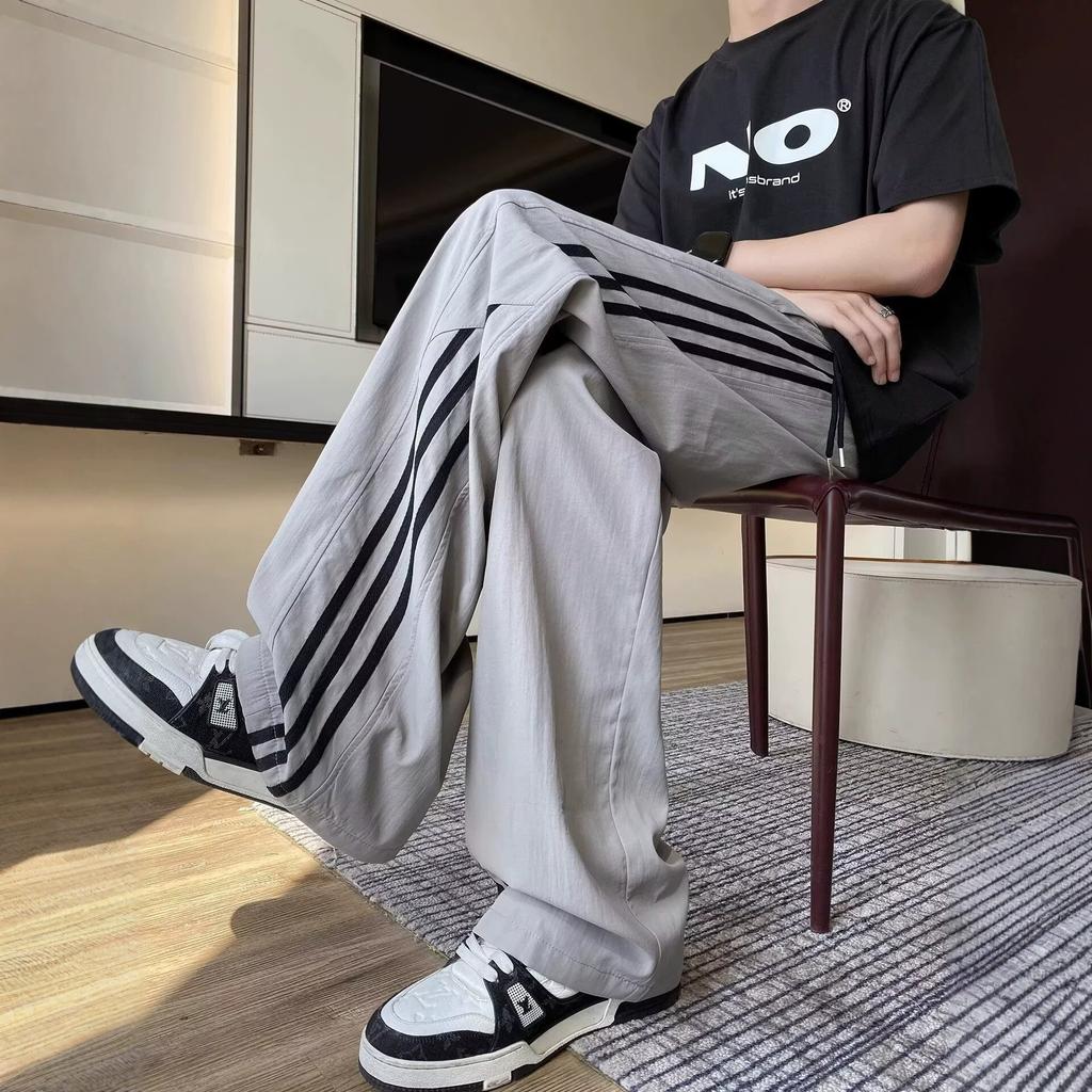 Retro styl pánské kalhoty americké třípruhé pruhované rovné sportovní kalhoty volné rovné široké nohavice ležérní kalhoty