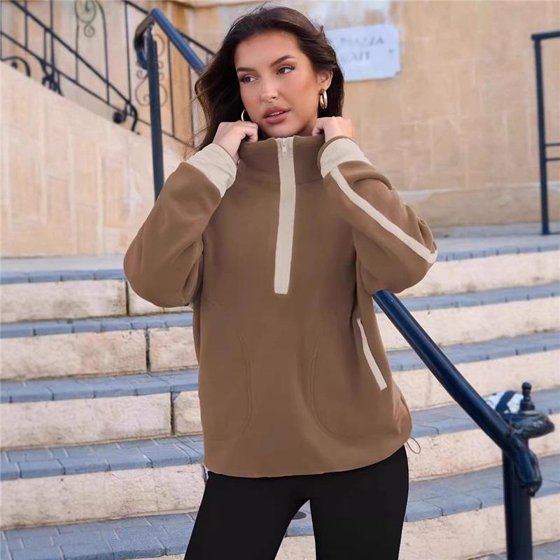 Women's Color Block Striped Half Zip Polo Sweatshirt Loose Long Sleeve Casual Pullover Top