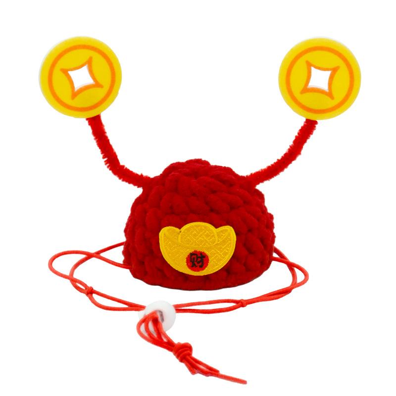 

Chinese New Year Lucky Cat Hat Crochet Wealth God Headwear Adjustable Pet Cap Festive Money Coin Prop For Kitten Puppy Photo Pro