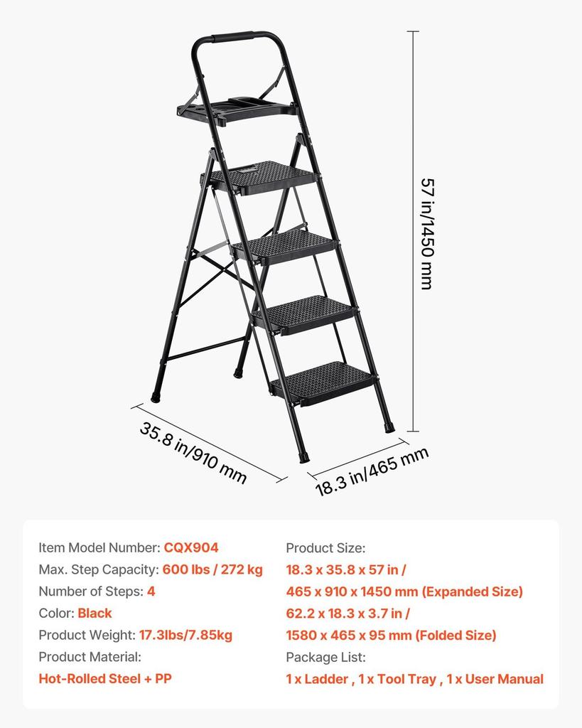Échelle à 4 marches, Marchepied pliant avec large pédale antidérapante, Plateau à outils, Poignée de confort, Capacité de 272 kg, Échelle portable en acier, Multi-usage pour
