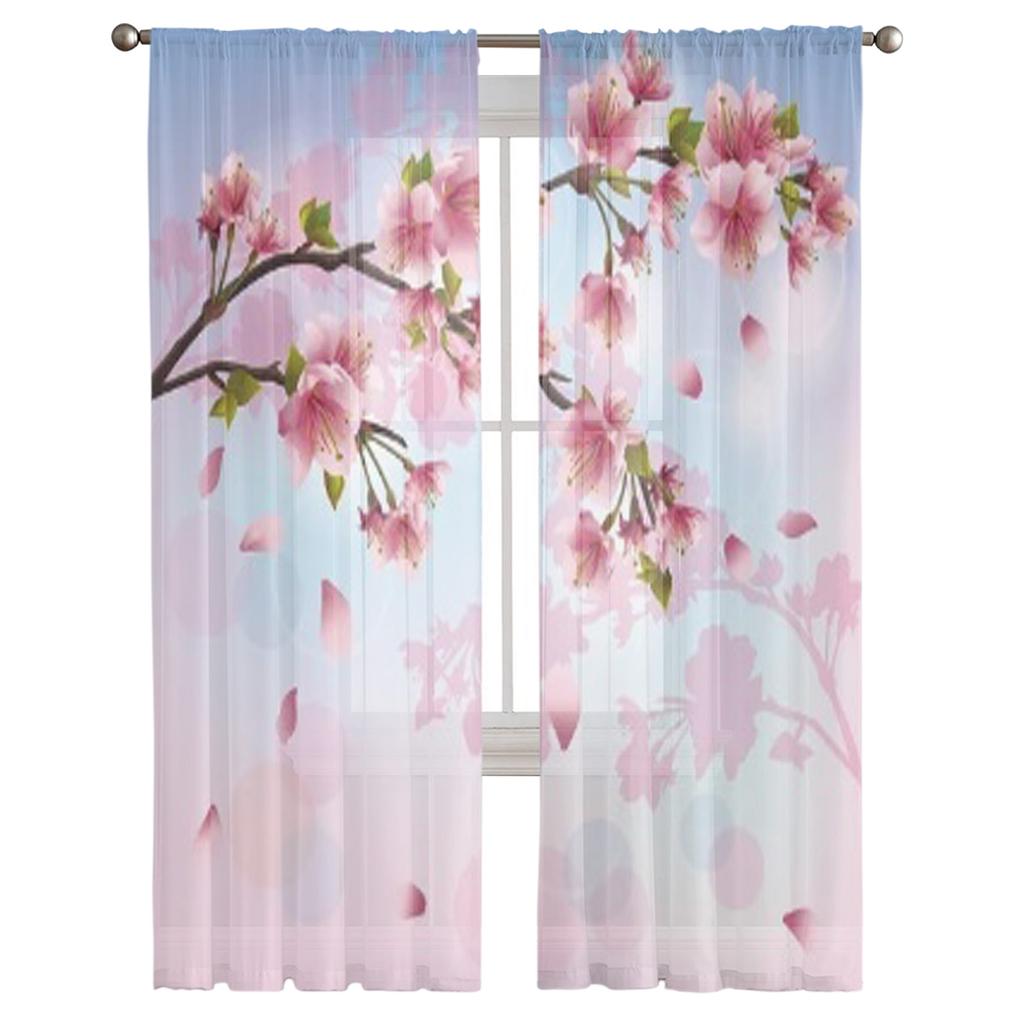 Sakura Blossom Japanese Cherry Tree Chiffon Sheer Curtains for Living Room Bedroom Window Curtain Voiles Tulle Cortinas