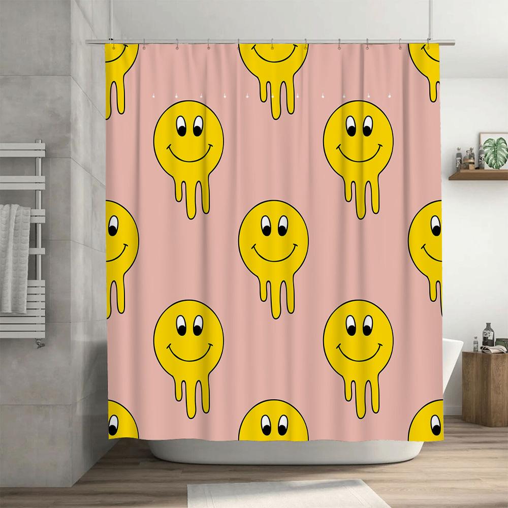 Happy Smiley Face Shower Curtain Pink Background with Yellow Cartoon Character Design for Bathroom Decor