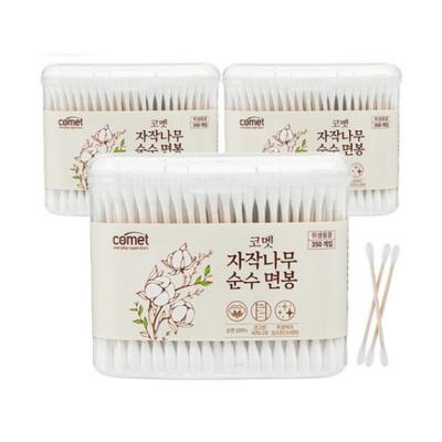Pure Cotton Swabs, Birch Wood, 350 Count, Pack of 3