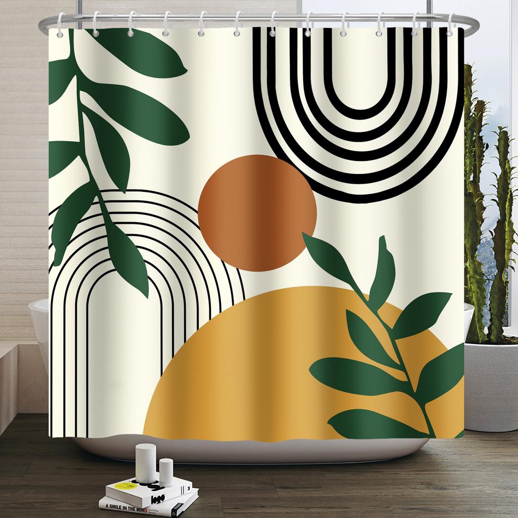 Mid Century Abstract Boho Shower Curtain Green Leaf Plant Modern Arch Sun Minimalist Nordic Waterproof Bathroom Bath Curtain