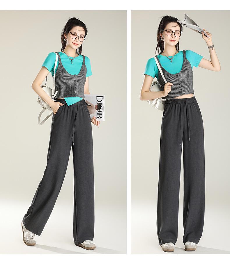 Elegant Women's Korean Style Elastic Waist Pants - Spring 2025 Collection, Narrow and Wide-Leg Casual Long Pants