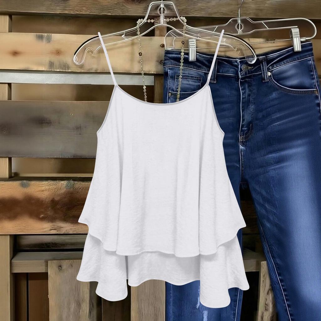 Women Sleeveless Double Layer Camisole Top Solid Color Strap Summer Casual Loose Fit Lightweight Blouse