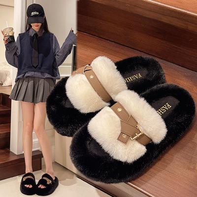 Versione aggiornata di pantofole Mao Mao da donna autunno e inverno nuove celebrità di Internet fondo morbido fibbia a cintura pantofole Mao a una parola pantofole da casa
