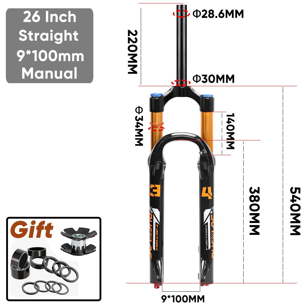 26/27.5/29 Bike Fork Air Suspension MTB Bicycle Front Fork 9*100 140mm Travel Remote/Manual Cycling Fork MTB Bike Parts Manual-Straight-26
