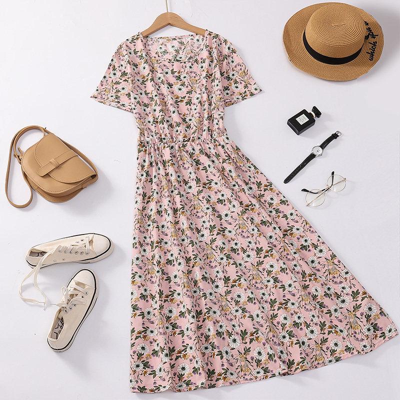 New Arrival Floral Print Waist-Cinched Slimming Summer Dress for Middle-Aged Women