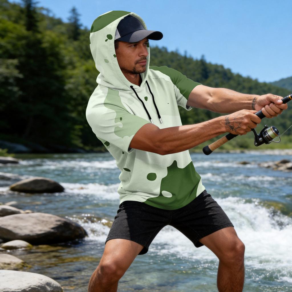 Men's Camouflage Print Raglan Sleeve Casual Sport Fishing Sun Protection Short Sleeve Hoodie Lightweight Breathable Outdoor Shirt