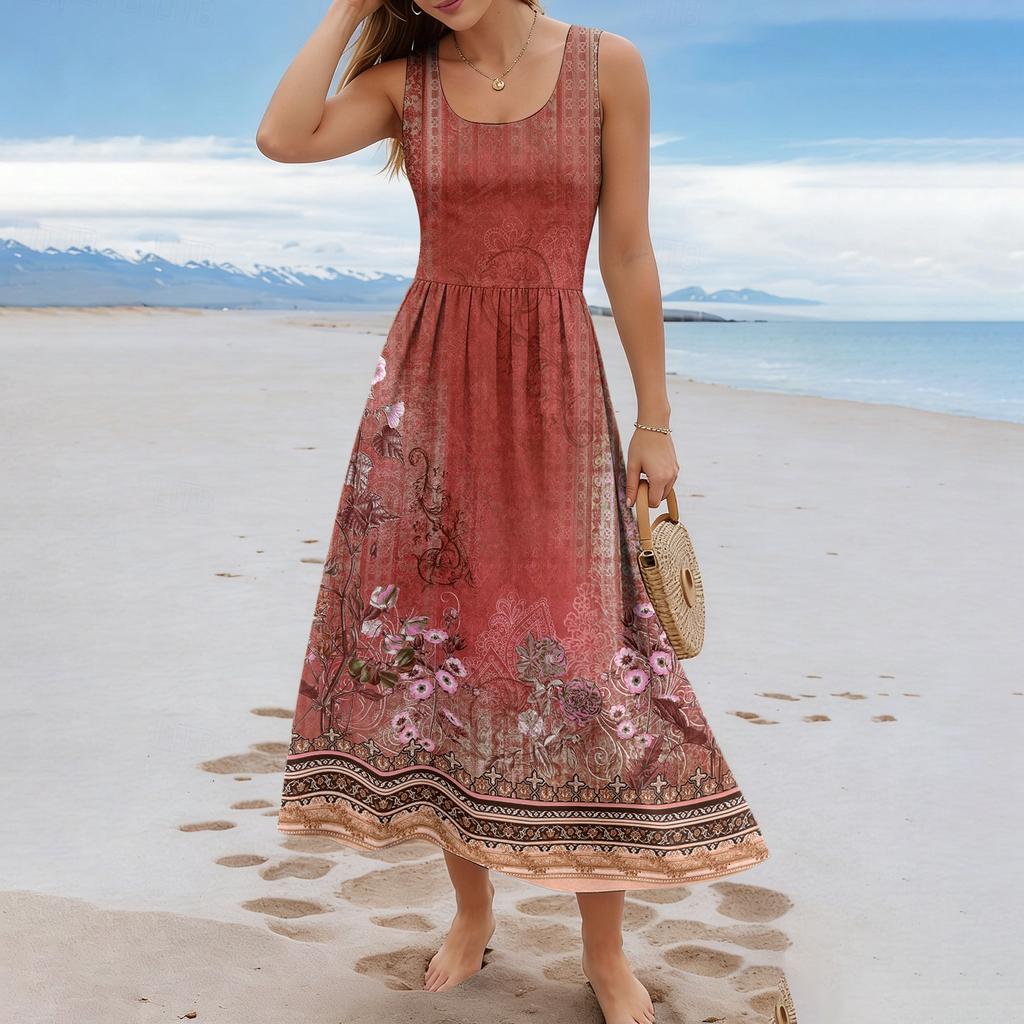 Ladies' floral summer casual and fashionable sleeveless long dress