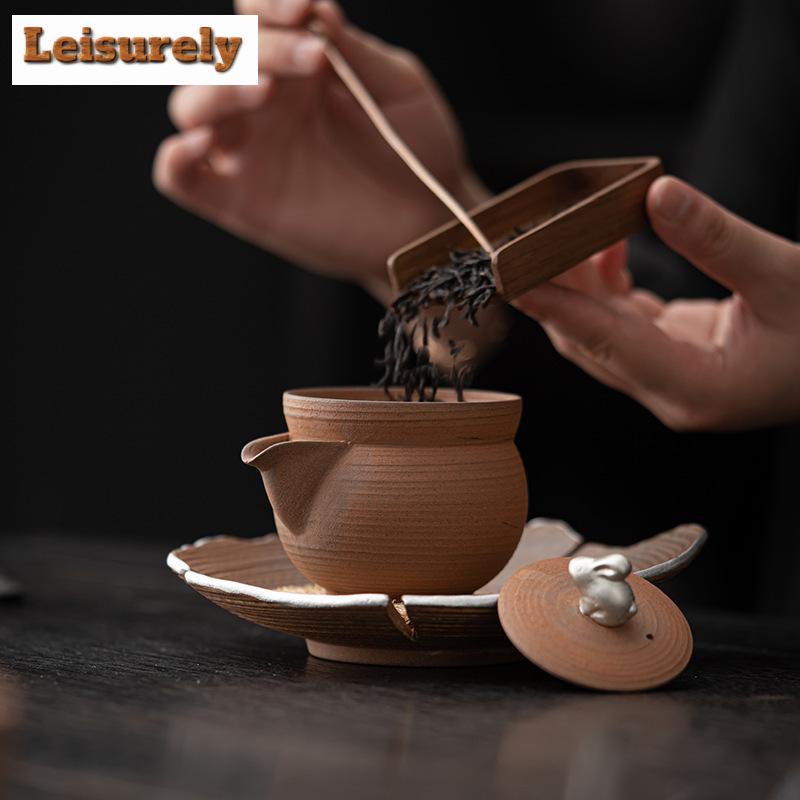 180ml Retro Coarse Pottery Old Rock Mud Hand Grab Po Japanese Gilded Silver Rabbit T Pot Tea Brewing Filter Kettle Kungfu Teaset