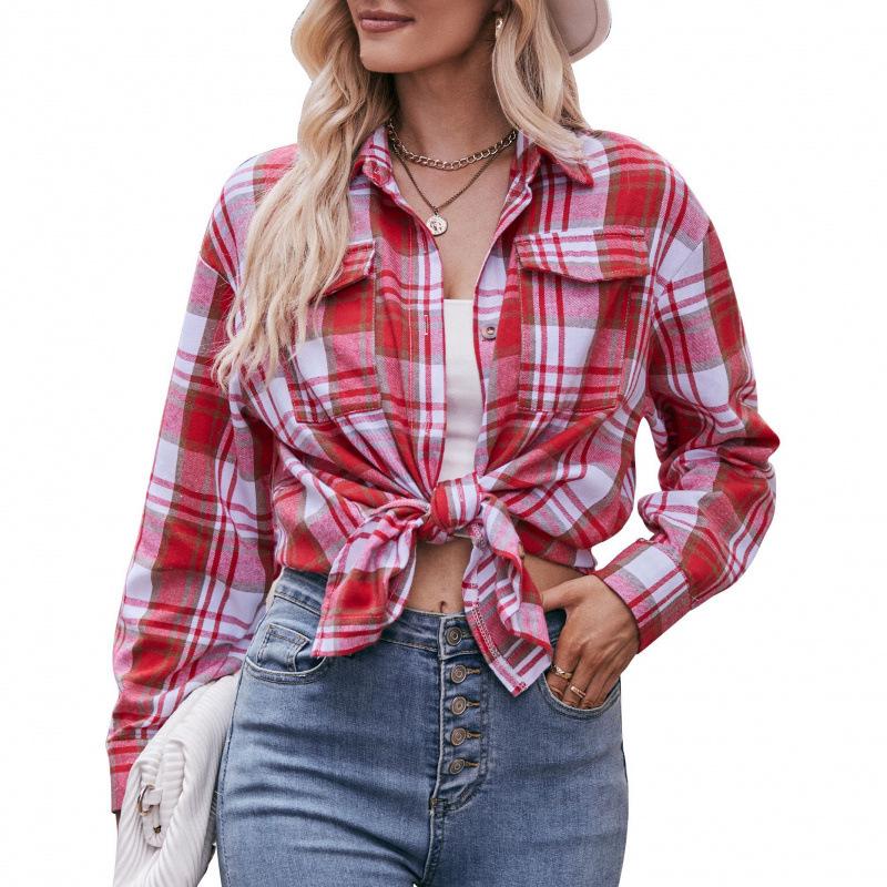 2025 Women's Cross-Border European and American Loose Plaid Pocket Shirt - Autumn/Winter Casual Fashion.