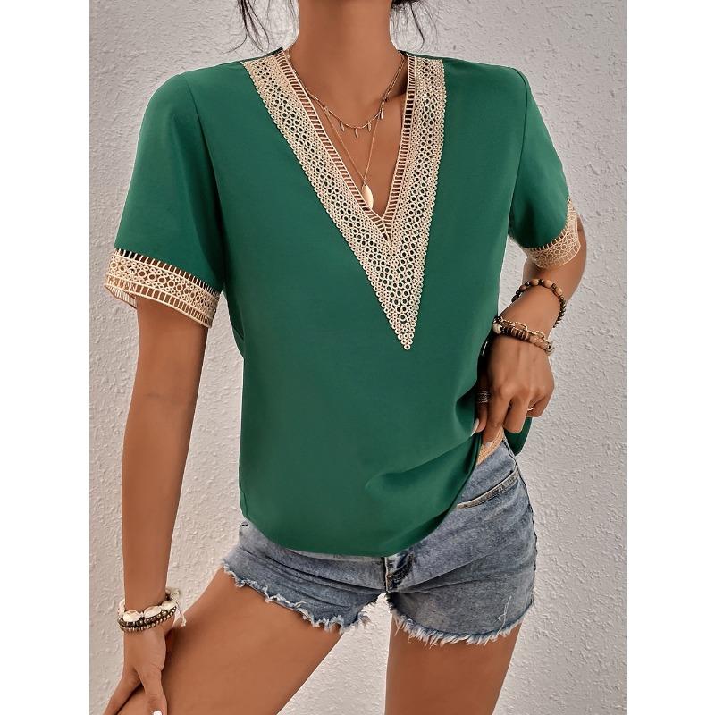 YYFS Women's Fashion Casual Summer Spring Solid Color Print Short Sleeve V-Neck Blouses & Shirts